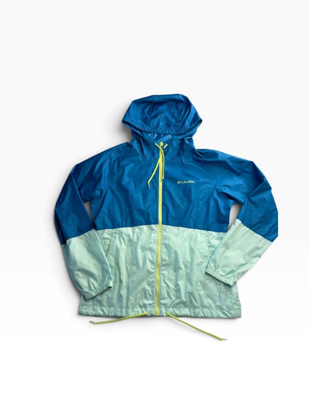 COLUMBIA Blue Colorblock Rain Jacket. Hooded Hoodie Windbreaker, Lightweight M